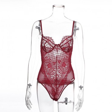 Sexy womens lace mesh stitching solid color sling sexy one-piece