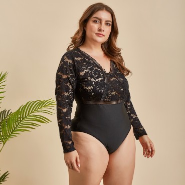 European and American womens plus size sexy lace sexy long-sleeved one-piece underwear