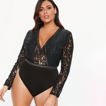 European and American womens plus size sexy lace sexy long-sleeved one-piece underwear