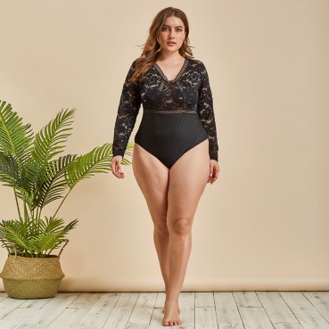 European and American womens plus size sexy lace sexy long-sleeved one-piece underwear