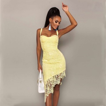 2021 European and American new style sling dress mid-length lace dress with hollow bandage summer