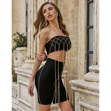 Sexy tube top chain fake two thin knit tight-fitting dress