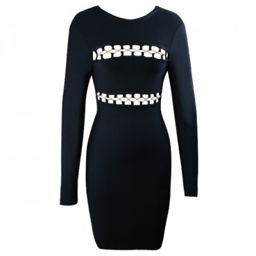 European and American womens 2021 new spring hollow dress long sleeve bandage dress short skirt