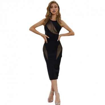 New mesh see-through dress sleeveless split hip skirt slim sexy nightclub round back dress summer