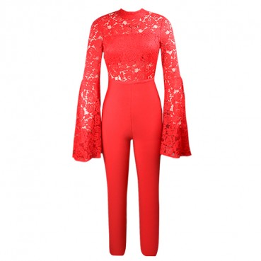 Bandage pants suit womens long-sleeved flared sleeve lace see-through jumpsuit jumpsuit