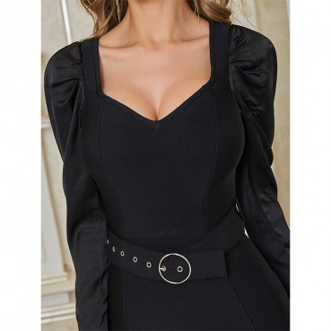 Autumn high-end brand dress irregular side slits V-neck metal buckle belt bag hip skirt long skirt women