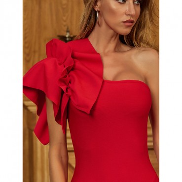 Ruffled sleeves one-shoulder dress strapless sexy red dress women