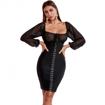 European and American long-sleeved gauze low-necked field revealing see-through dress knitted bag hip dress sexy dress