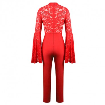 Bandage pants suit womens long-sleeved flared sleeve lace see-through jumpsuit jumpsuit