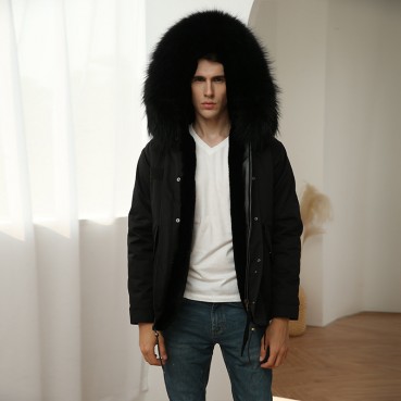 Winter New European and American Mens Fur Parker Cotton Jacket Large Fur Collar Thicken Windproof Large Size Fat