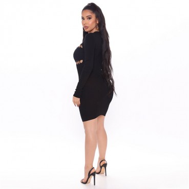 European and American womens 2021 new spring hollow dress long sleeve bandage dress short skirt