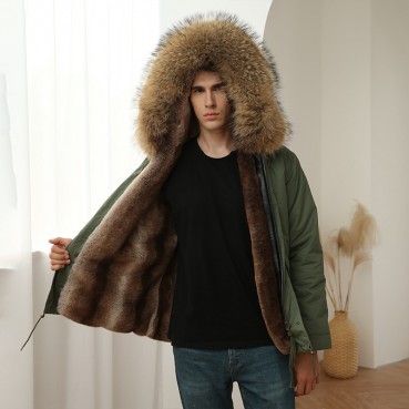 Winter New European and American Mens Fur Parker Cotton Jacket Large Fur Collar Thicken Windproof Large Size Fat