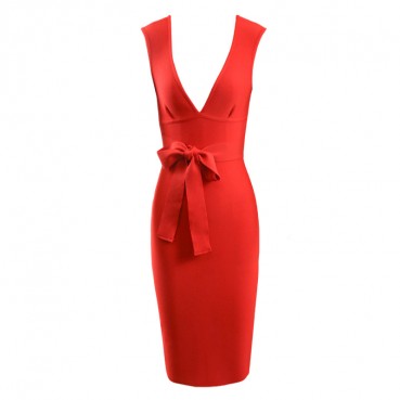 European and American deep V low-cut ladies dress temperament birthday party waist tie bandage dress split one-step