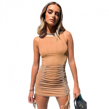 2021 solid color vest bandage retro dress summer new style side pleated lace-up hip skirt skirt