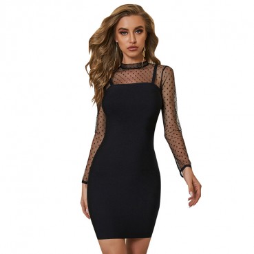 Bandage womens dress, early autumn one step dress, long-sleeved dress, net yarn little black dress