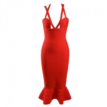 2021 spring and summer new sexy sling deep V fishtail red dress European and American cocktail bandage dress