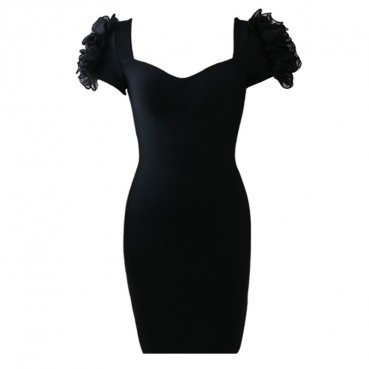 European and American womens bandage dress black slim evening party petal dress