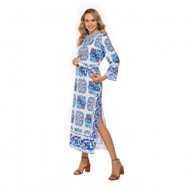 Bohemian Beach Dress European and American Womens Blue and White Porcelain Evening Dress Printed Dress