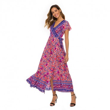 European and American spring and summer dress sexy V-neck bohemian cardigan waist printed female dress