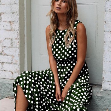 New Summer Beach Fashion All-match Print Polka Dot Round Neck and Swing Long Dress