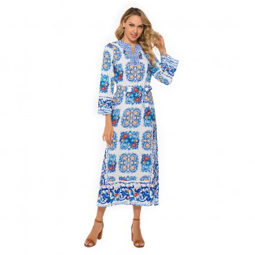 Bohemian Beach Dress European and American Womens Blue and White Porcelain Evening Dress Printed Dress