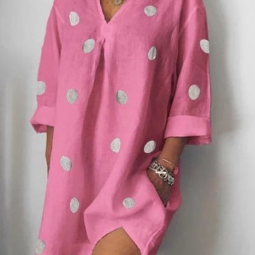 Spring and summer linen loose V-neck print nine-quarter sleeves slit dress