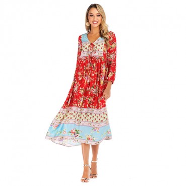 Spring and summer new womens dress with bohemian beach holiday style pleated print dress