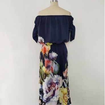 New printed one-shoulder elastic waist five-point sleeve long dress for women