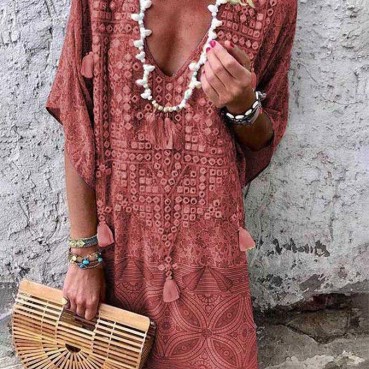 New boho style sexy V-neck printed fringed dress