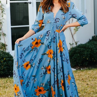 European and American Bohemian Printed V-neck Buttons Three-quarter Sleeves Large Sleeve Dress Long Dress