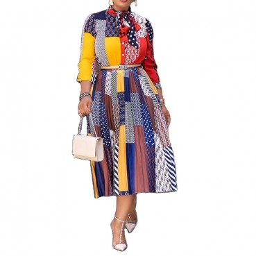 South American spring and summer new dresses, African models, digital printing, bow tie, three-quarter sleeves