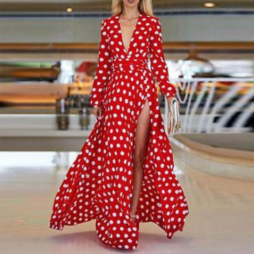 New autumn and winter dress Bohemian big swing V-neck dress Polka dot print long skirt