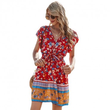 2021 new bohemian womens dress with lace V-neck rayon printed womens dress