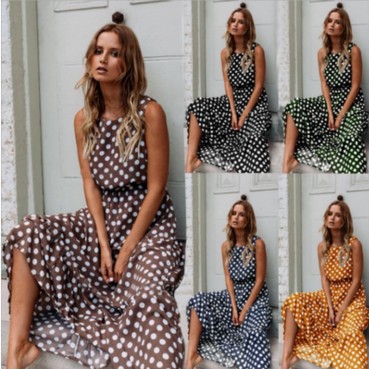 New Summer Beach Fashion All-match Print Polka Dot Round Neck and Swing Long Dress