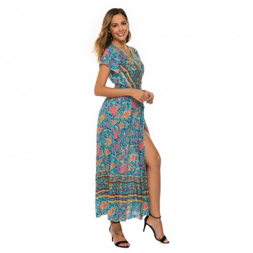 European and American spring and summer dress sexy V-neck bohemian cardigan waist printed female dress