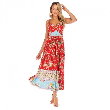 Spring and summer new womens dress with bohemian beach holiday style pleated print suspender dress