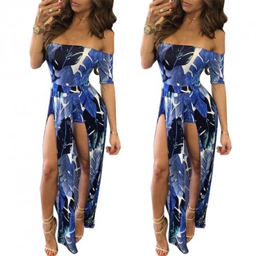 Hot selling European and American fashion color feather print long slit dress 4 colors available