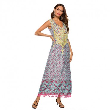 New and new Bohemian V-neck printed sleeveless dress