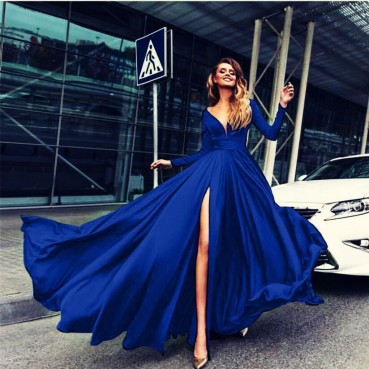 European and American new style solid color high slit big swing dress sexy deep V long sleeve dress MP-267