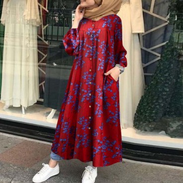 2021 printed cotton temperament commuter long-sleeved loose-fitting dress