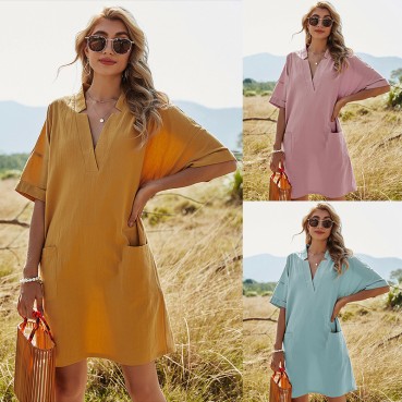 2021 European and American womens solid color V-neck akimbo a-line skirt bag casual loose dress women