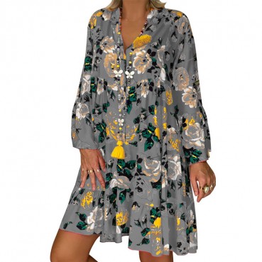 New style printed long-sleeved large-length dress European and American womens fashion plus size dress