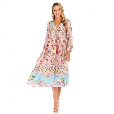 Spring and summer new womens dress with bohemian beach holiday style pleated print dress