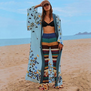 Beach blouse with butterfly print and edge holiday sun protection cardigan