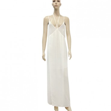 New white V-neck, low-cut, bifurcated hem, cross-strap dress on the back