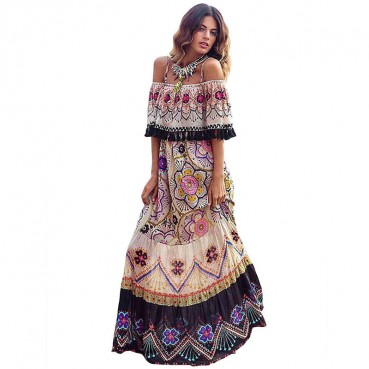 New European and American womens bohemian print dress, one-word strapless beach holiday skirt