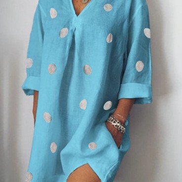 Spring and summer linen loose V-neck print nine-quarter sleeves slit dress