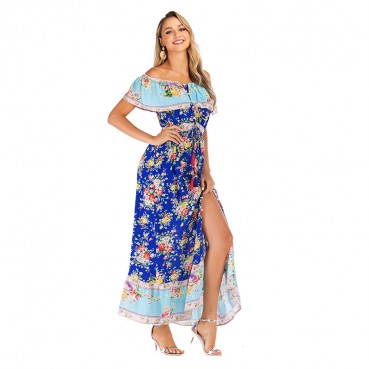 Spring and summer new womens clothing bohemian beach holiday style short-sleeved pleated print dress