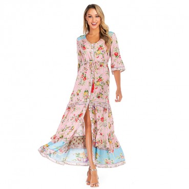 Spring and summer new womens dress with bohemian beach holiday style pleated print dress