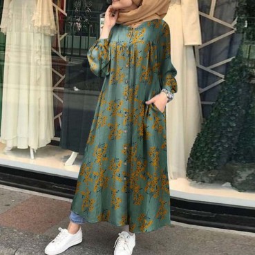 2021 printed cotton temperament commuter long-sleeved loose-fitting dress